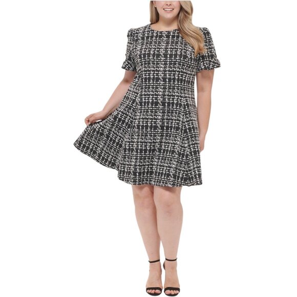 DKNY NWT $139 Flounce-Sleeve Fit & Flare Dress, Black Ivory Women's Size 16 - Picture 1 of 12